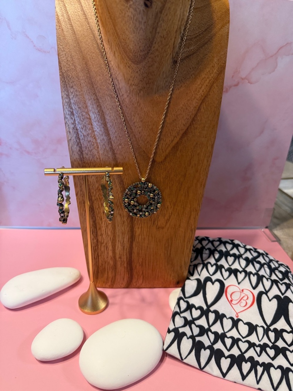 Brighton Gold Multi-Stone Donut Pendant Necklace with Hoop Earrings